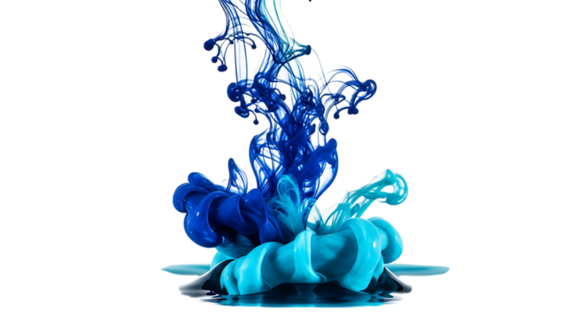 A captivating display of blue ink swirling and merging in water, creating an ethereal and mesmerizing effect against an isolated on transparent background, showcasing the beauty and fluidity of liquid