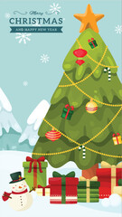 Christmas holiday card with a decorated fir tree, star, gifts, and snow illustration