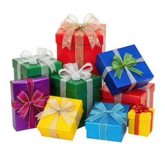 Colorful gift boxes with ribbons stacked for celebrations on transparent background