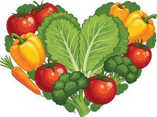 Heart shaped vegetable arrangement vector illustration, healthy eating concept, nutrition design, colorful food art, wellness lifestyle symbol, organic diet graphic