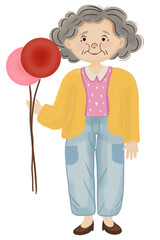 Cute Grandma with Balloons PNG | Elderly Woman Illustration | Grandmother Character Clipart