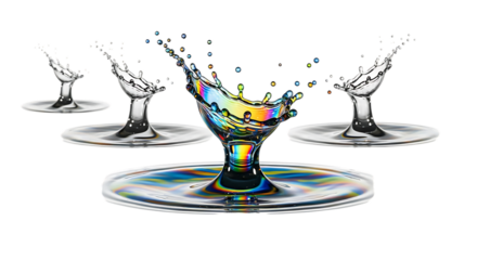 A vibrant and colorful water splash isolated on transparent background, captured in a glass with a mesmerizing rainbow effect, creating a visually stunning and artistic composition for various creativ