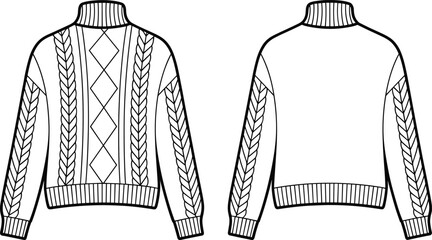 Knitted sweater fashion design, cable knit pattern, ribbed cuffs, turtleneck collar, front and back view, winter clothing illustration vector
