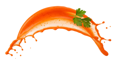A vibrant splash of orange liquid, adorned with a sprig of fresh parsley, gracefully arches across a pristine transparent background, isolated on transparent background a culinary delight captured in 