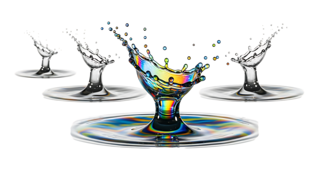 A vibrant and colorful water splash isolated on transparent background, captured in a glass with a mesmerizing rainbow effect, creating a visually stunning and artistic composition for various creativ