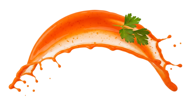 A vibrant splash of orange liquid, adorned with a sprig of fresh parsley, gracefully arches across a pristine transparent background, isolated on transparent background a culinary delight captured in 