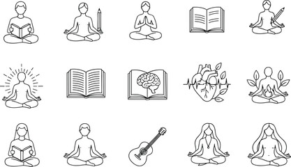 Mindfulness meditation icons, education learning concept, creative wellness, reading books, guitar music, heart health, brain clarity, flat vector cad drawing