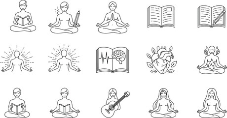 Mindfulness meditation illustration, education wellness concept, reading books, mental clarity, emotional balance, guitar music, flat vector art, cad drawing
