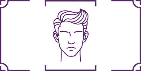 Minimalist male portrait vector illustration, stylized line drawing of man’s head in decorative frame, modern artwork, flat design art