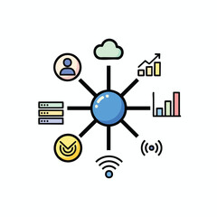 Central Blue Hub Connecting a Network of Colorful Technology and Data Icons.