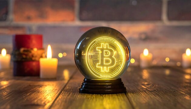 Luminous crystal orb displays a coin emblem on a wooden surface with lit candles in the foreground and background