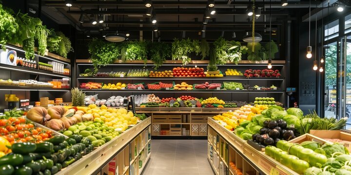 A supermarket with lots of fresh and healthy fruits and vegetables on shelves - Powered by Adobe