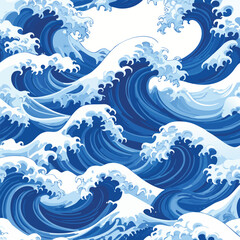 Fototapeta premium Seamless pattern of stylized blue ocean waves with white foam, depicting a dynamic and fluid water surface.