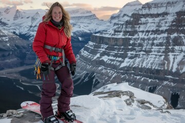 A female snowboarder stands confidently on the edge of a snowy mountain as the sun sets behind majestic peaks, symbolizing empowerment and the allure of adventure in the winter season.