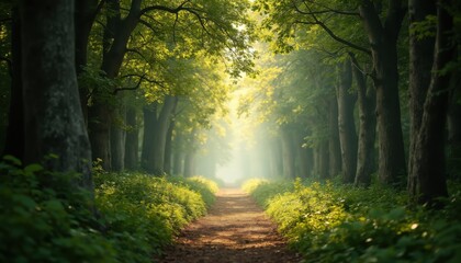Obraz premium Sunlit Forest Path with Sunray Filters and Natural Colors