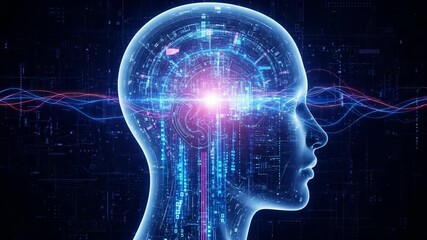 Abstract digital human head with glowing brain and data streams - Powered by Adobe