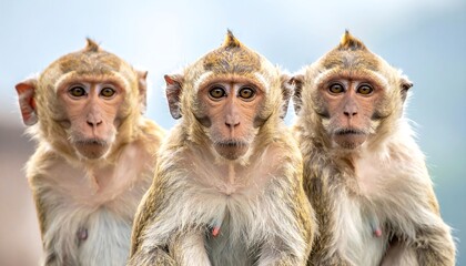 Three monkeys staring intently at the camera in unison.