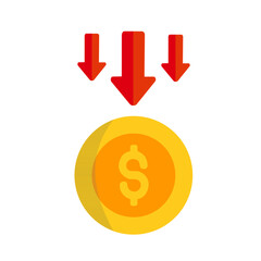 Price Drop Icon. A flat illustration featuring a gold dollar coin with three red arrows pointing down.