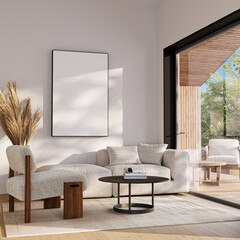 Modern Living Room Poster Frame Mockup with Natural Light and Minimalist Decoration. 3D render.
