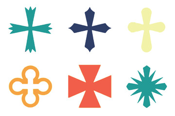 A collection of six stylized cross symbols in various colors and shapes.