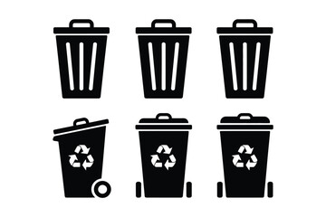 Six different black trash cans and recycling bins are displayed on a white background.