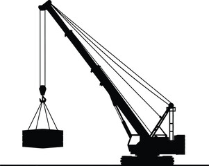 Silhouette of a large construction crane lifting a heavy rectangular object.