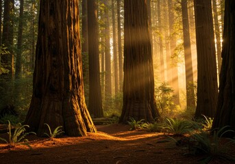 Redwood forest glows with sunlight in a tranquil woodland