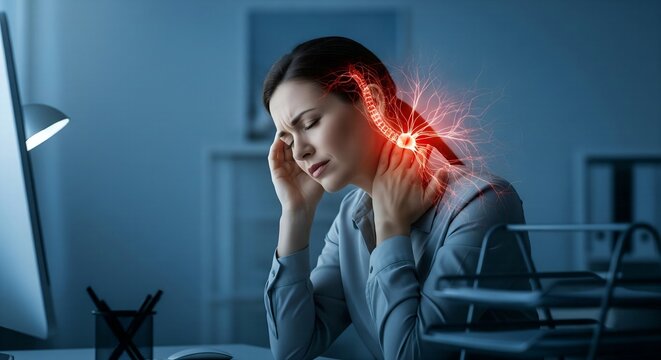 Stressed businesswoman feeling neck pain and headache in modern office, seeking relief from tension with hands, experiencing discomfort and burnout symptoms