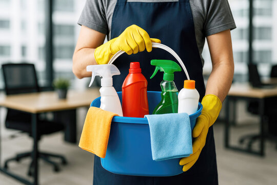 Person in yellow gloves holding a blue bucket filled with cleaning supplies and cloths in an office setting