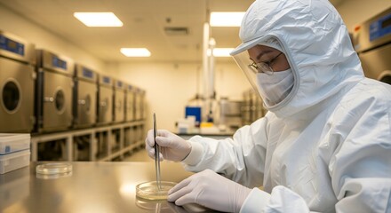 Dedicated scientist working on innovative research with petri dish in a sterile lab environment for pharmaceutical advancement and medical breakthroughs