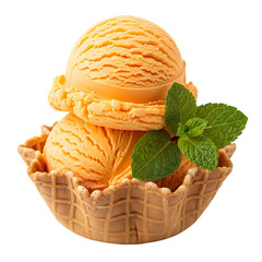 Delicious scoops of orange ice cream in a waffle cone with mint leaves