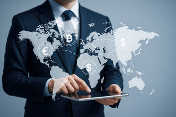 Person using tablet with world map and currency symbols including Bitcoin and Euro global finance international business