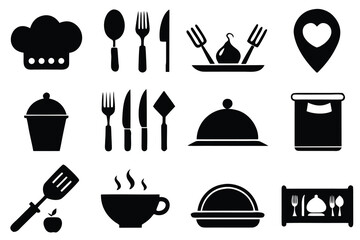 Food icons set, plate, fork, knife and spoon, set logotype menu, cutlery icon, tableware sign, catering icons, restaurant signs