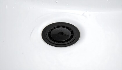 Close-up of a Black Sink Drain in a White Sink.