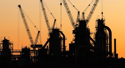 Oil refinery silhouettes against sunset sky at industrial complex