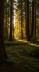 Obraz premium Forest illuminates path with sunlight in a woodland
