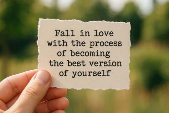 Person's hand holding a torn paper with the quote "Fall in love with the process of becoming the best version of yourself