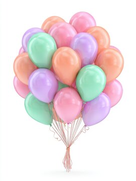 Pastel Balloons Floating on White Background Studio Shot Bunch of Colorful Party Balloons Celebration Decoration Holiday