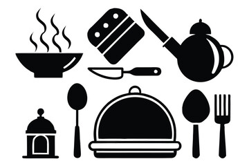 Food icons set, plate, fork, knife and spoon, set logotype menu, cutlery icon, tableware sign, catering icons, restaurant signs