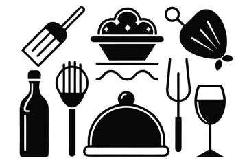 Food icons set, plate, fork, knife and spoon, set logotype menu, cutlery icon, tableware sign, catering icons, restaurant signs