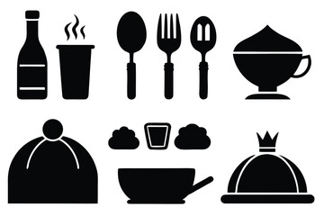 Food icons set, plate, fork, knife and spoon, set logotype menu, cutlery icon, tableware sign, catering icons, restaurant signs