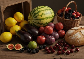 Fresh produce abundance on wooden table