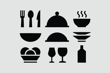 Food icons set, plate, fork, knife and spoon, set logotype menu, cutlery icon, tableware sign, catering icons, restaurant signs