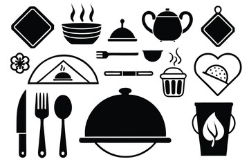 Food icons set, plate, fork, knife and spoon, set logotype menu, cutlery icon, tableware sign, catering icons, restaurant signs