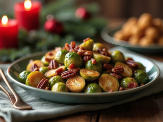 Festive Brussels sprouts with pecans and bacon create a delightful holiday side dish setting