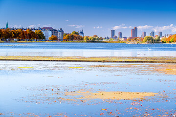 Naklejka premium Autumn morning with panoramic view Copenhagen with skyscrapers over the water, Denmark.
