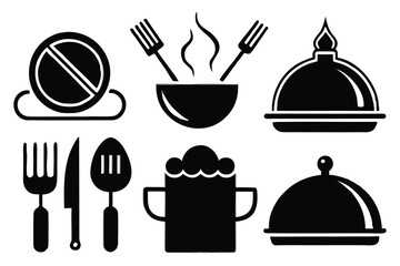 Food icons set, plate, fork, knife and spoon, set logotype menu, cutlery icon, tableware sign, catering icons, restaurant signs