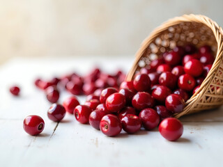 Freshly picked red berries spill from a woven basket onto a rustic wooden surface, showcasing nature's vibrant colors and delicious bounty