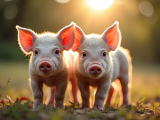 Two playful piglets explore a sunny meadow during golden hour, surrounded by soft grass and a warm glow of the setting sun
