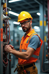 Skilled technician works diligently in a modern electrical control room during the evening shift